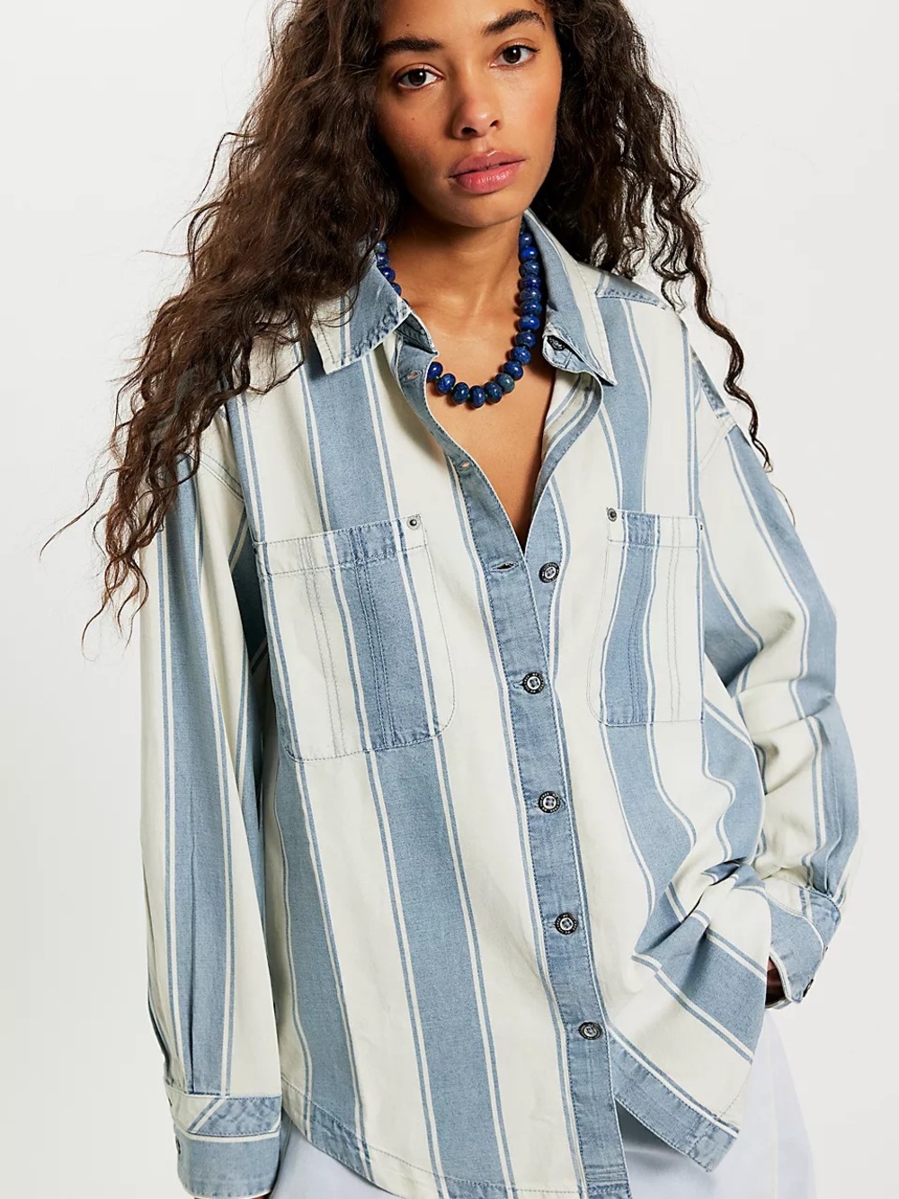 Free People Blue and White Striped Button-Up Shirt